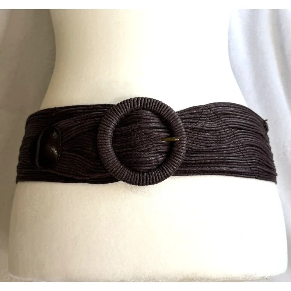 Coldwater‎ Creek Brown Wide Woven Cotton Belt Faux Leather Accents Statement S/M